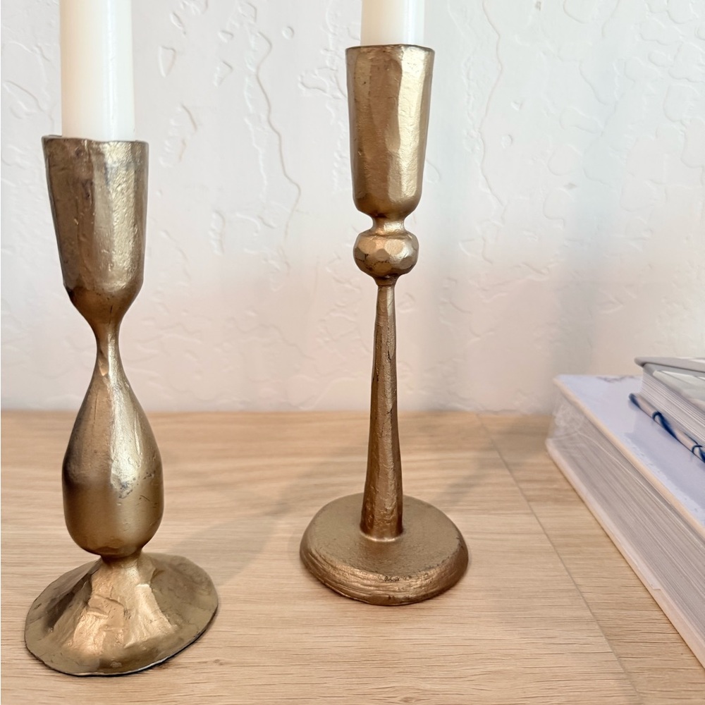 Set Of 2 McGee And Co Antique Brass Taper Candle Holders - Picture 3 of 6